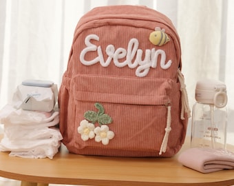Personalized Corduroy Kids Backpack, Custom Name Toddler Backpack for Preschool, Mini Diaper Bag for Mom, Embroidered School Bag for Kids