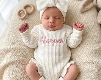Custom Name Baby Knit Romper, Custom Embroidered Newborn Gift Set, Knitted Baby Sweater Bodysuit, Baby Shower Gift, Coming Home Outfit