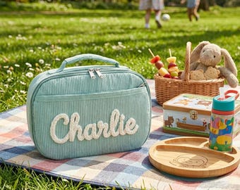 Personalized Corduroy Lunch Bag with Custom Yarn Name, Embroidered Insulated Lunch Box for Kids, Back to School Gift, Custom School Meal Bag