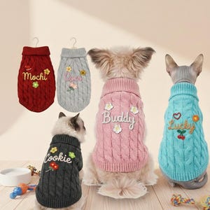 Suéter con nombre de perro personalizado • Suéter para mascota bordado a mano personalizado • Ropa para perro de punto grueso • Suéter para perro con texto personalizado • Regalo bohemio para perro