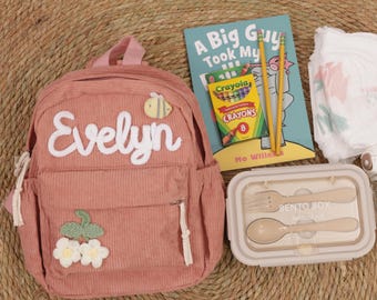 Personalized Corduroy Kids Backpack, Custom Name Toddler Backpack for Preschool, Mini Diaper Bag for Mom, Embroidered School Bag for Kids