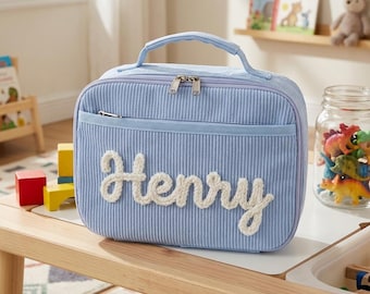 Personalized Corduroy Lunch Bag with Custom Yarn Name, Embroidered Insulated Lunch Box for Kids, Back to School Gift, Custom School Meal Bag