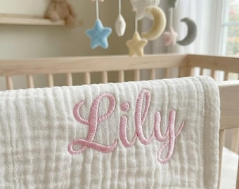 Custom Baby Name Blanket, Embroidered Muslin Throw for Nursery, Personalized Newborn Gift, Minimalist Baby Keepsake, Cotton Baby Blanket