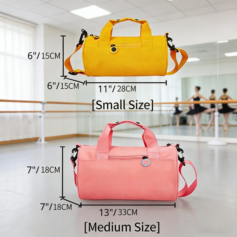 May include: Two cylindrical duffel bags, one yellow and one pink. The yellow bag is 28 cm long, 15 cm high, and labelled "Small Size." The pink bag is 33 cm long, 18 cm high, and labelled "Medium Size."