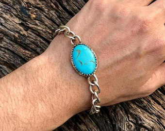 Handmade Turquoise Stone Chain Bracelet, Vintage Boho Statement Jewelry