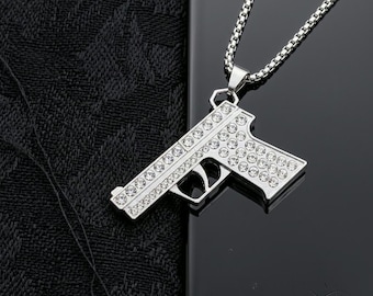 Iced Out Pendant Necklace for Men, Hip Hop Silver Charm Chain, Streetwear Jewelry, Bling Necklace Gift for Him, Urban Fashion Accessory