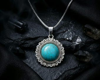 Turquoise Sun Pendant Necklace, Vintage Silver Setting, Boho Southwestern Style