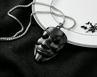 Black Mask Pendant Necklace, Gothic Face, Dark, Minimalist Statement, Silver-Tone Chain