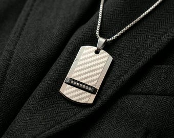 Men's Carbon Fiber Style Dog Tag Necklace, Stainless Steel Pendant, Minimalist Chain Jewelry