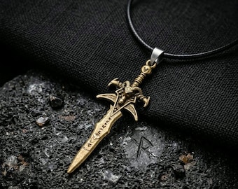 Antique Bronze Medieval Sword Pendant Necklace, Gothic RPG Inspired Jewelry, Adjustable Cord