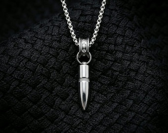 Silver Bullet Style Pendant Necklace for Men, Stainless Steel Minimalist Necklace, Urban Streetwear Jewelry, Modern Chain Pendant Gift
