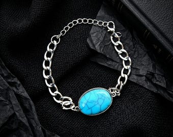 Turquoise Stone Silver Chain Bracelet, Boho Statement Jewelry