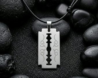 Stainless Steel Razor Blade Pendant Necklace, Gothic Engraved, Punk Streetwear Jewelry