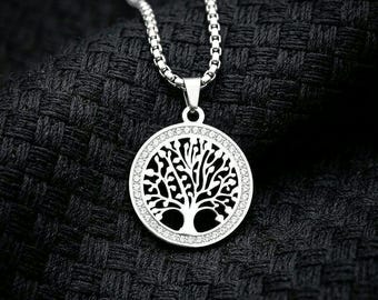 Tree of Life Necklace Stainless Steel | Minimalist Circle Pendant, Family Symbol Jewelry