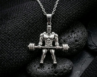 Bodybuilder Weightlifter Pendant Necklace, Stainless Steel Fitness Jewelry, Barbell Muscle Charm