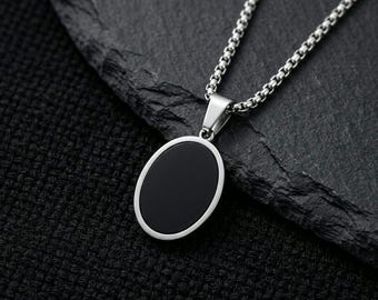 Reversible Oval Pendant Necklace, Black White Mother-of-Pearl, Stainless Steel Chain, Minimalist Unisex Jewelry