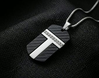 Men's Silver Cross Pendant Necklace, Black Textured Faith Jewelry, Minimalist Crystal Accent