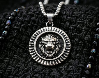Men's Stainless Steel Lion Head Pendant Necklace, Leo Zodiac Symbolism, Strength Medallion