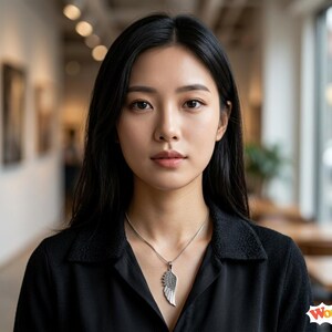 May include: A silver-toned necklace featuring a detailed wing-shaped pendant with a textured, dark-coloured inlay. The pendant hangs from a thin, metallic chain, resting against a black collared shirt worn by a person with long, dark hair.