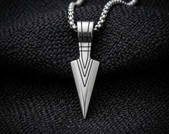 Men's Arrowhead Necklace, Geometric Silver Pendant, Minimalist Modern Jewelry