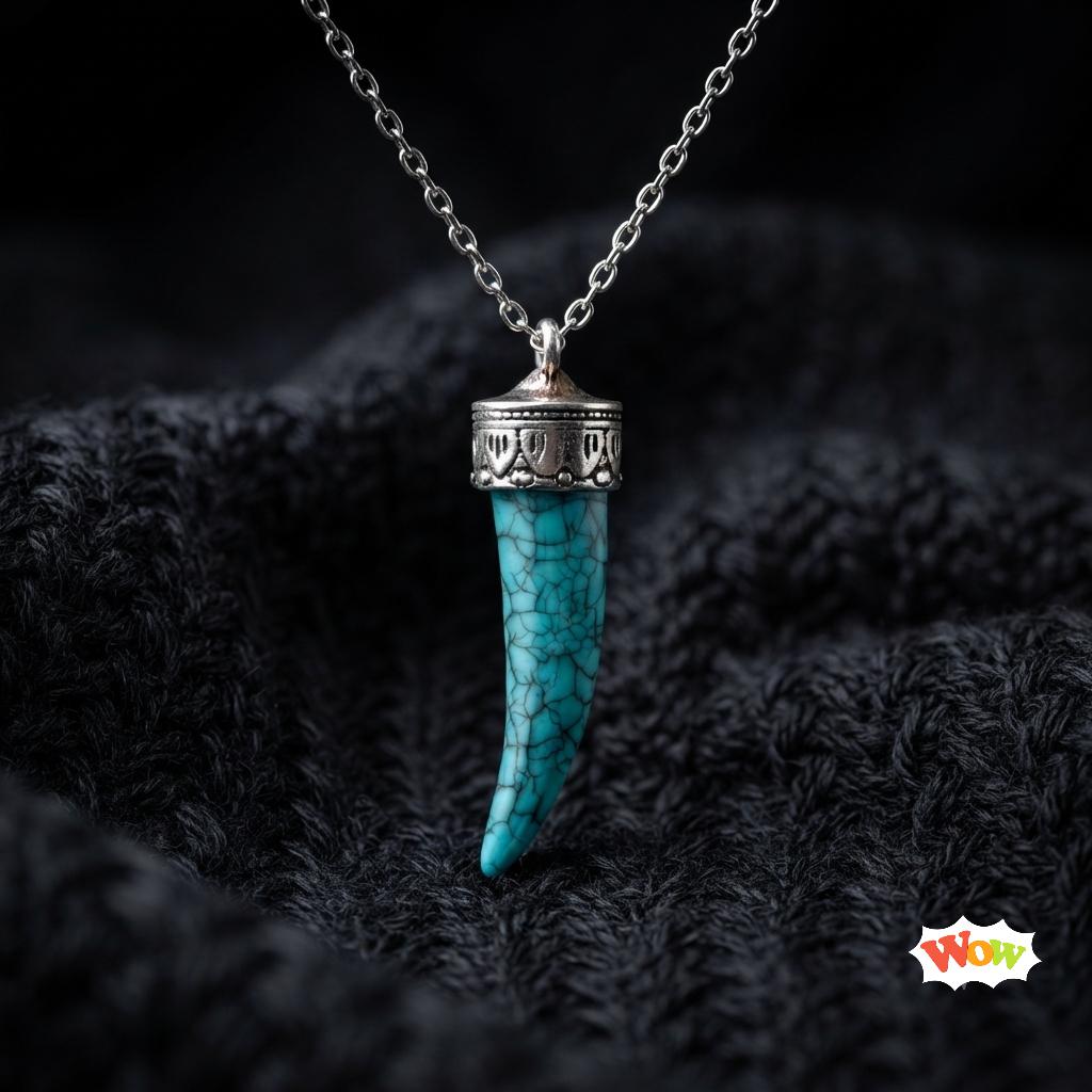 Turquoise Horn Pendant Necklace, Boho Statement, Western Style, Antique Silver Tone Cap