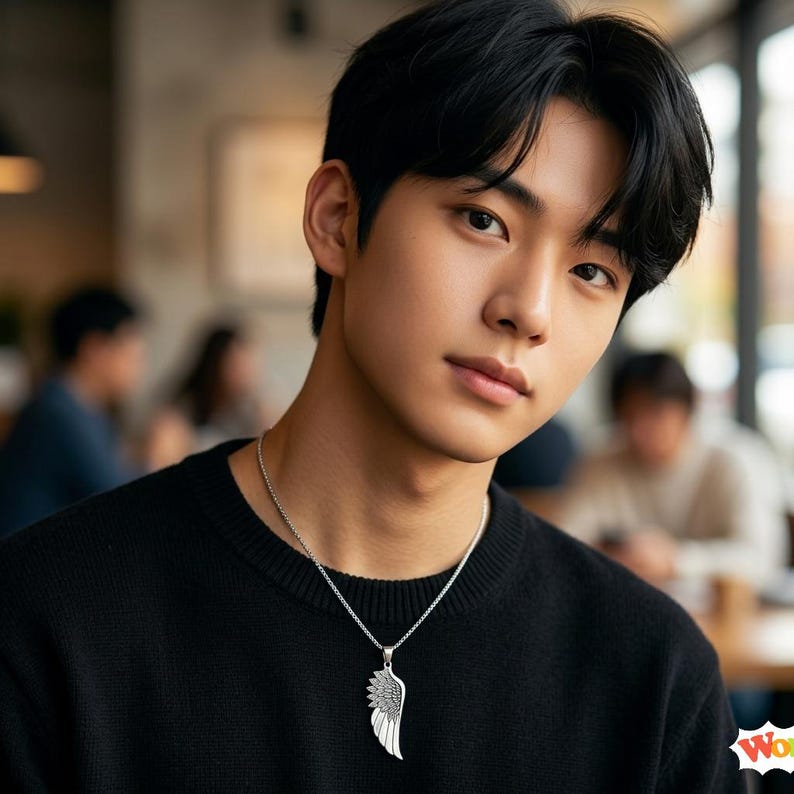 May include: A silver-toned necklace featuring a detailed wing-shaped pendant with textured feather patterns, suspended from a thin metallic chain, worn against a plain black sweater. The pendant has a distinct curved shape and metallic finish.