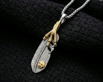 Feather Pendant Necklace, Silver Gold Bird Claw, Tribal Boho Unisex Jewelry