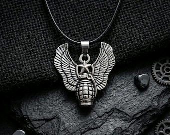 Winged Grenade Pendant Necklace, Military Gothic Style, Tactical Inspired Jewelry
