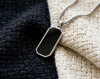 Men's Black Stainless Steel Dog Tag Pendant Necklace, Minimalist Style