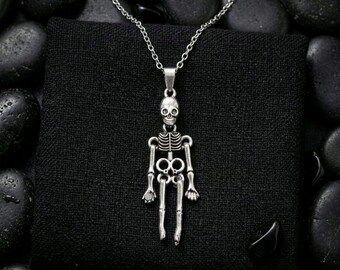 Gothic Skeleton Pendant Necklace, Movable Charm, Stainless Steel Chain, Spooky Halloween Jewelry