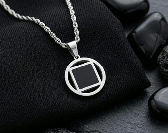 Double Sided Geometric Pendant Necklace, Black Cream Stainless Steel Jewelry