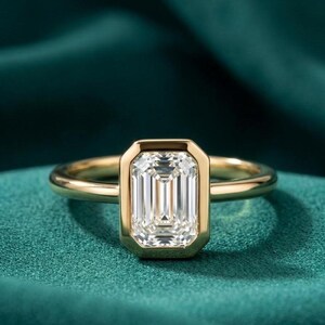 1.5 CT Emerald Cut IGI Certified Lab Grown Diamond Solitaire Engagement Ring 14K Solid Gold Minimalist Basket Style Bezel Set Proposal Gift