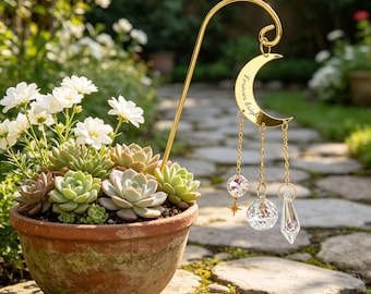 Personalized Plant Sun Catcher with Moon Charm and Crystals Garden Stake Plant Decor Hanging Suncatcher Gift for Plant Lover Christmas Gift