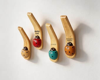 Personalized Wooden Wall Hook Set Custom Engraved Coat Rack Ladybug Wall Decor Kids Room Fall Halloween Thanksgiving Gift Home Decor
