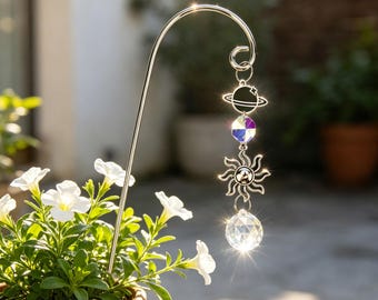 Silver Sun Catcher Plant Stake Crystal Plant Decor Moon Star Heart Garden Stake Indoor Plant Accessories Gift for Plant Lovers