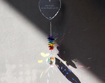 Personalized Glass Sun Catcher,Custom Engraved Plaque with Multicolor Heart K9 Crystal,Rainbow Light Home Decor,Thanksgiving Christmas Gift