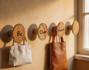 Personalized Wooden Wall Hooks Set of 4, Custom Engraved Coat Hooks, Rubber Wood Wall Mounted Hat Bag Towel Hooks, Housewarming Gift