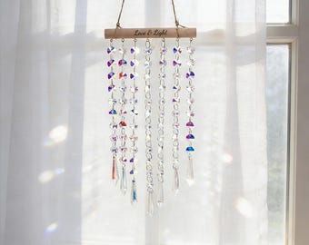 Custom Engraved Wooden Stick Sun Catcher Wind Chime,Hanging Crystal Prism Rainbow Maker,Fall Home Decor Thanksgiving Gift Christmas Gift