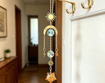 Personalized Artificial Crystal Sun Catcher, Custom Name Date Moon Star Window Prism, Engraved Celestial Car Charm, Boho Hanging Decor Gift