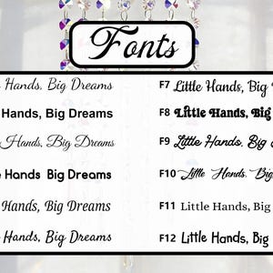 May include: A graphic showcasing various font styles. The word "Fonts" is displayed at the top. Below, twelve different font examples are presented, each displaying the phrase "Little Hands, Big Dreams" in a unique style, ranging from elegant scripts to bold, block letters.