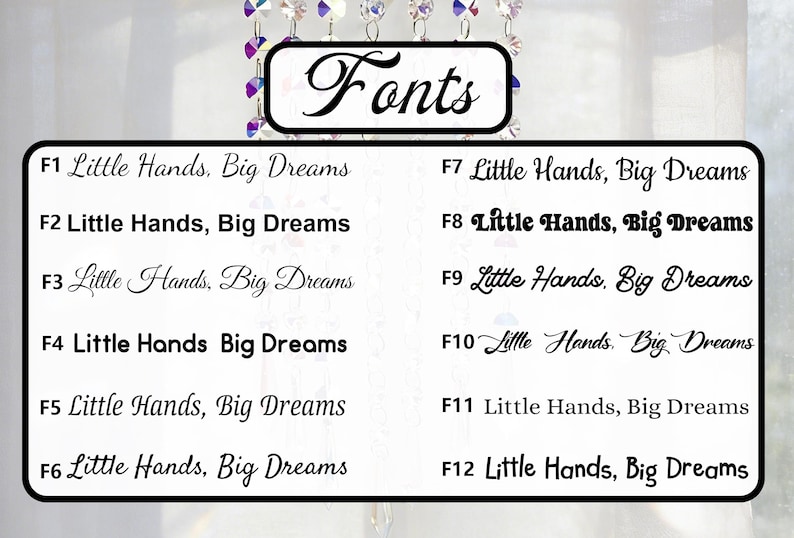May include: A graphic showcasing various font styles. The word "Fonts" is displayed at the top. Below, twelve different font examples are presented, each displaying the phrase "Little Hands, Big Dreams" in a unique style, ranging from elegant scripts to bold, block letters.