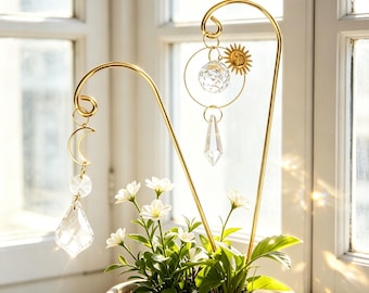 Sun Catcher Plant Stake Crystal Garden Decor Metal Sun Moon Hanging Ornament Potted Plant Decoration Gift for Her Gift For Mom