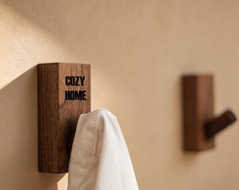 Engraved Wooden Wall Hook, Custom Wood Key Holder, Walnut & Beech Wood Coat Hook, Handmade Entryway Decor, Housewarming Gift Fall Home Decor