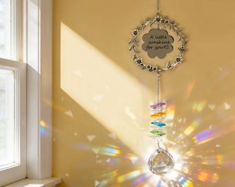 Personalized Crystal Sun Catcher, Engraved Metal Floral Window Hanging, Rainbow Prism Ornament, Custom Text Gift for Mom, Fall Home Decor