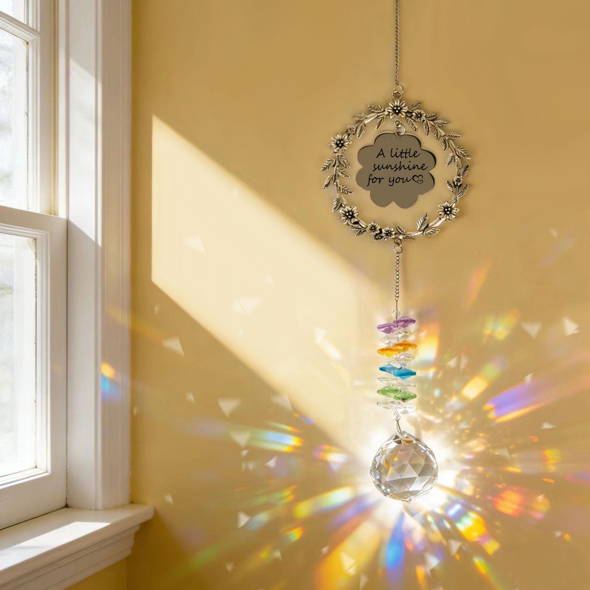 Personalized Crystal Sun Catcher, Engraved Metal Floral Window Hanging, Rainbow Prism Ornament, Custom Text Gift for Mom, Fall Home Decor