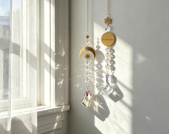 Celestial Sun Catcher with Moon and Leaf Designs Personalized Engraved Crystal Suncatcher Window Hanging Decor Gift
