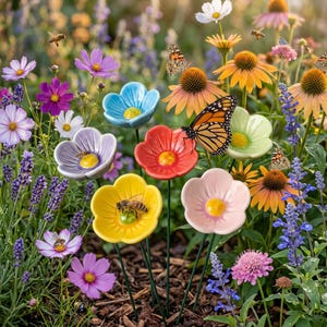 Stazione di abbeveraggio per farfalle e api in ceramica, per impollinatori, con fiori, ideale come regalo per il giardino o come abbeveratoio per insetti.