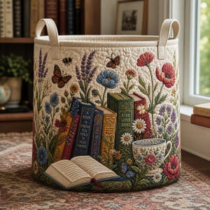 May include: A round, cream-colored storage basket with two handles. The basket is decorated with embroidered flowers, butterflies, bees, and books. The text on the books reads "A Book Is Dream You Hold In Your Hands" and "Live Love Read".