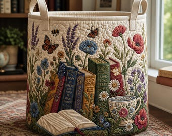 Kosz na pranie pikowany Bookish Garden: Kosz na pranie, kosz do przechowywania dla miłośników książek