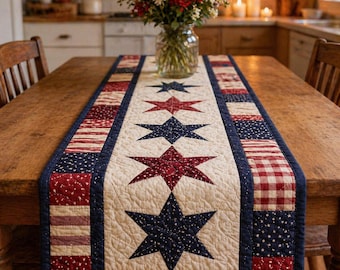 Patriotic Stars Table Runner,Quilted Americana Table Decor,Red White and Blue Stripes Runner,4th of July Dining Decor, Independence Day Gift